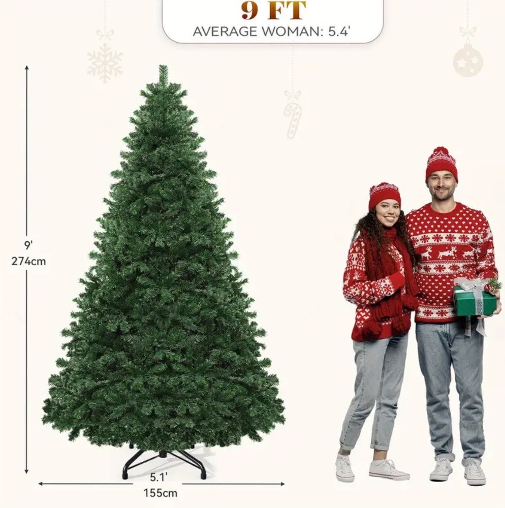 9ft Artificial Christmas Tree Green Hinged with Foldable Base Large