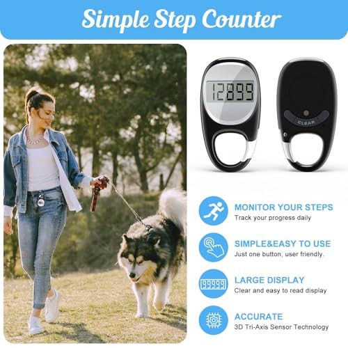 Simple Pedometer for Walking, Accurate Step Tracker with Carabiner, 3D Black