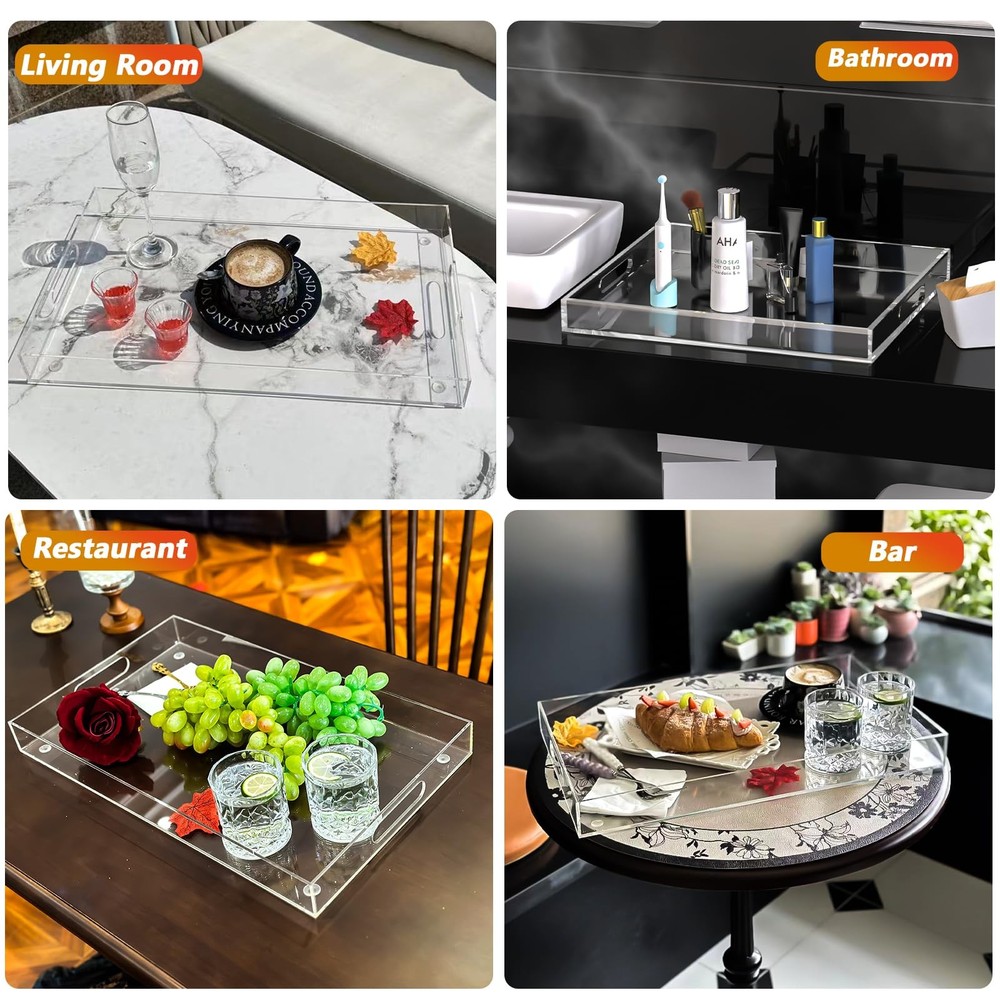Collwait Acrylic Serving Tray with Handles, Extra Large Rectangular Tray for Ser