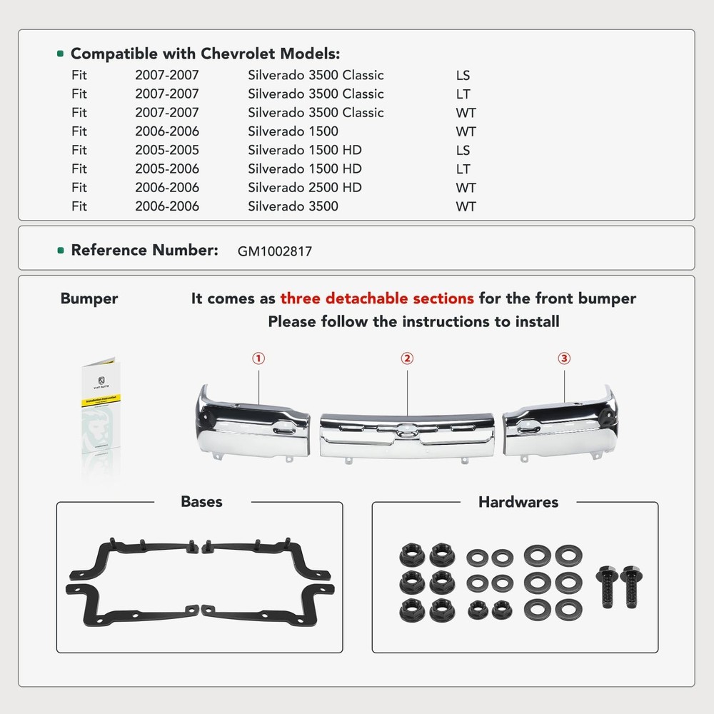 Chrome Front Bumper for Avalanche Silverado 1500 2003-2006 3 Piece