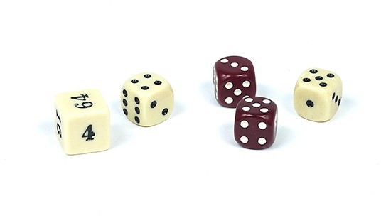 BACKGAMMON DICE SET IVORY AND MAROON  1/2" SQ. WITH DOUBLING CUBE