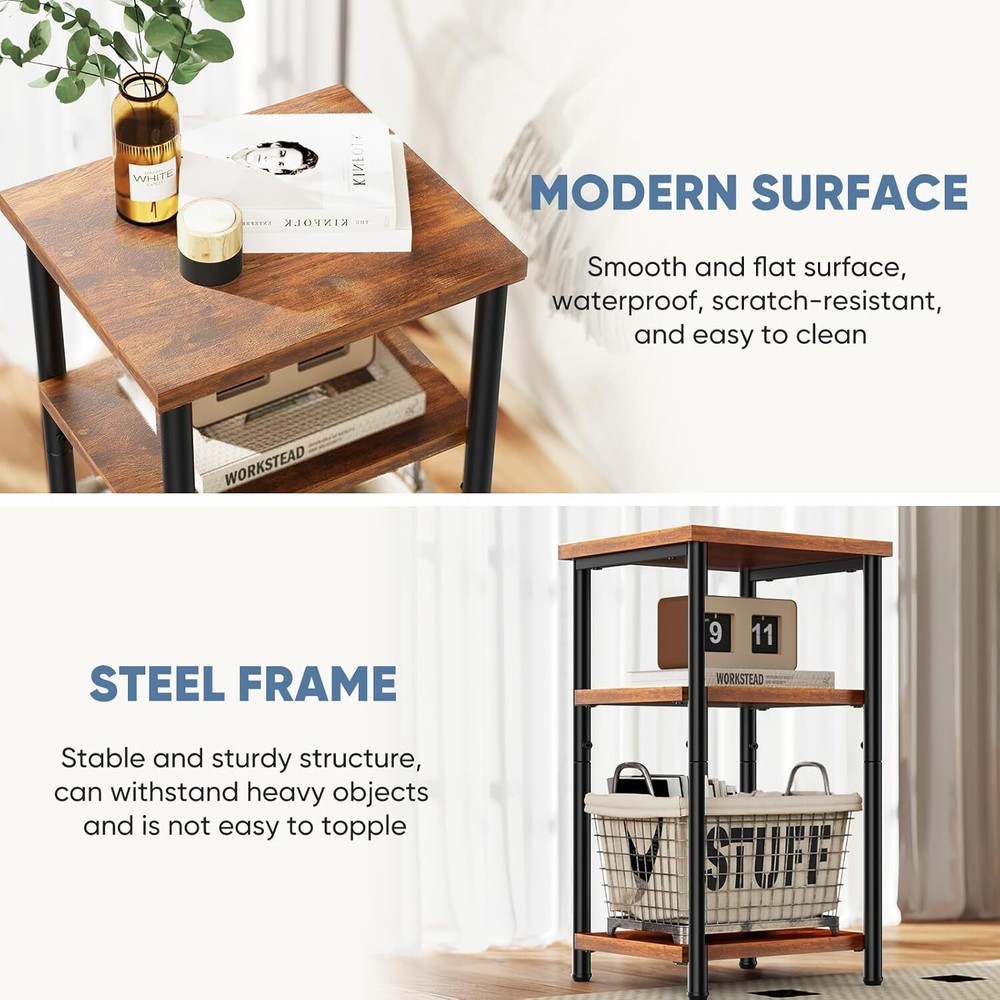3 TierS Small End Table Side Table Storage Shelf Nightstand with Adjustable Feet
