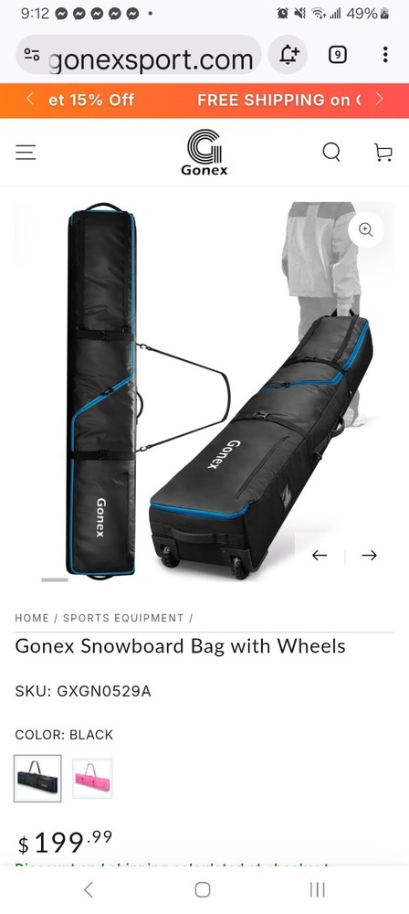 Wheeled Snowboard Bag, Adjustable 175-190cm, Fully Padded, Waterproof