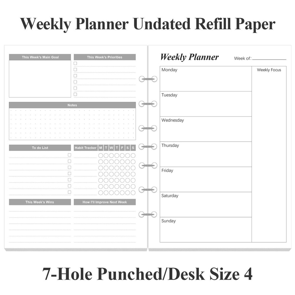 Weekly Planner Refills for 3 or 7 Ring Mini Binders - 53 1-Pack, Black