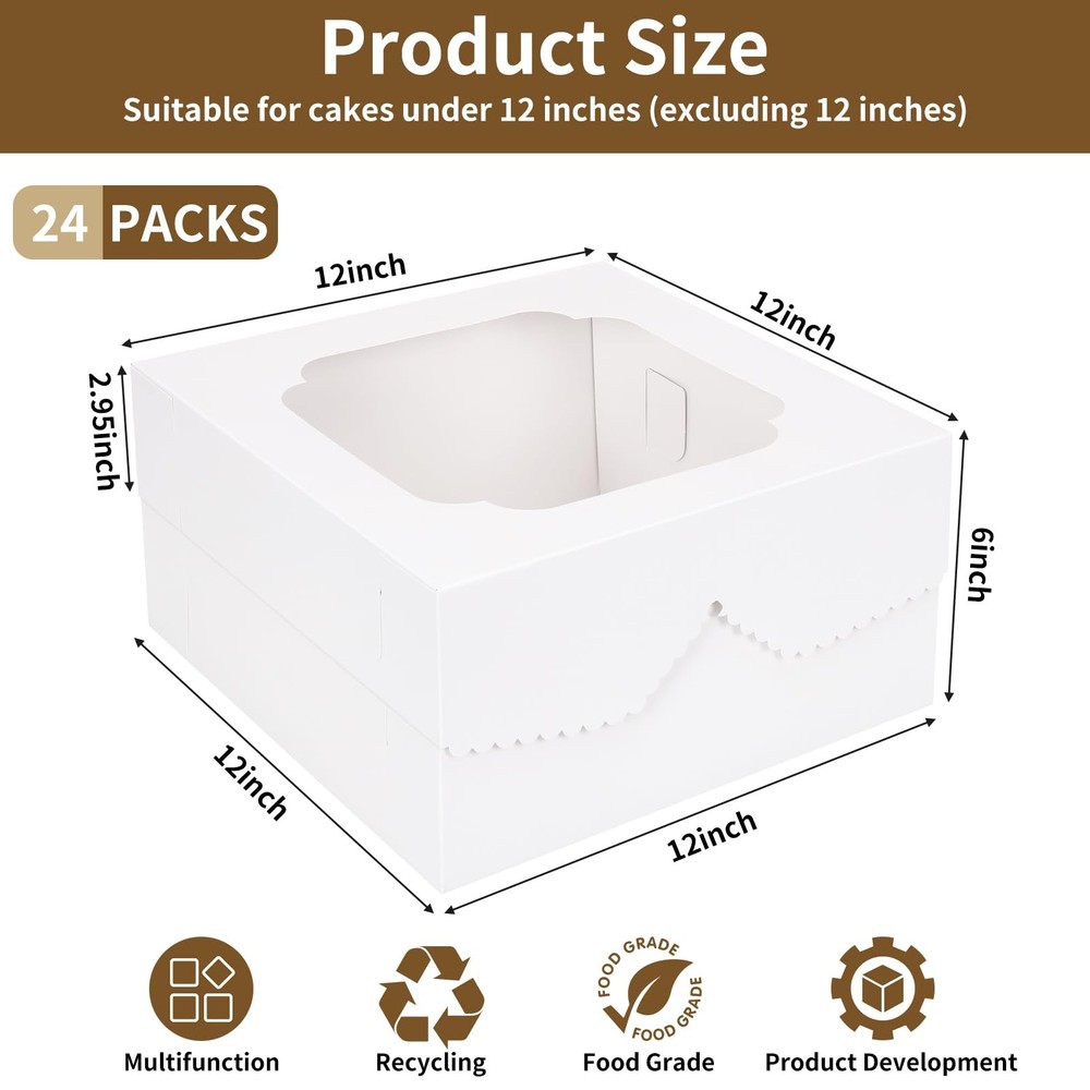 Moretoes 24pcs Cake Boxes, 12x12x6 Inch Square Bakery Boxes with Window white