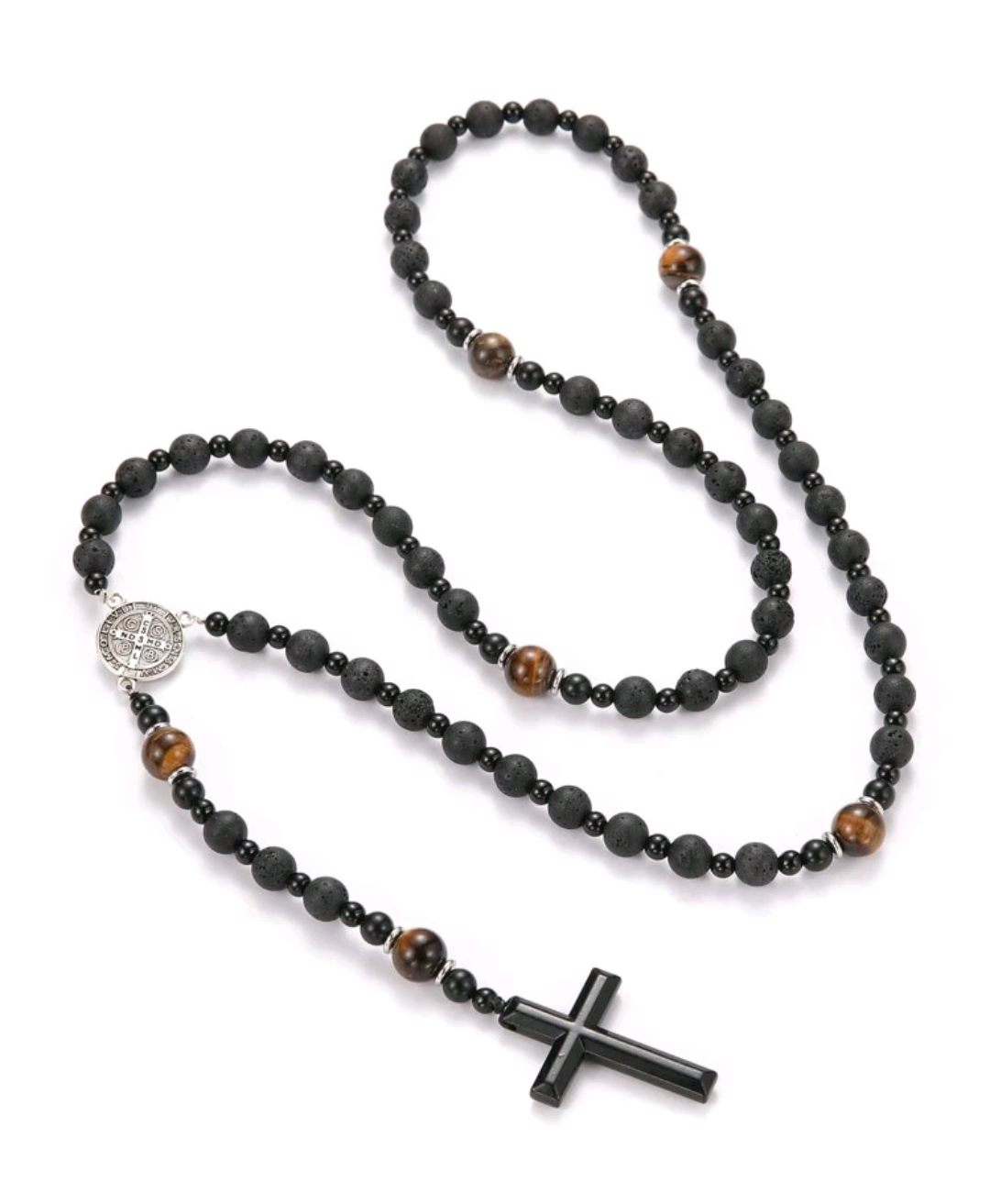 Men's Rosary St. Benedict Medal Black Lava Stone & Tiger Bead