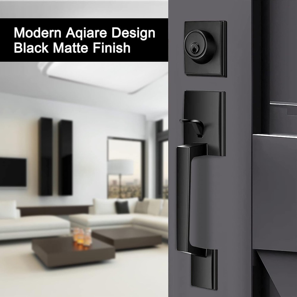 Matte Black Double Front Door Handle Lock Set with Keyed & Dummy Handle