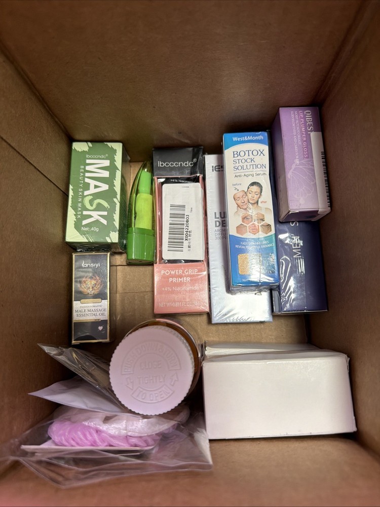 Assorted Amazon Returns Small Box, Cosmetics, Charging Cords, Beads Etc