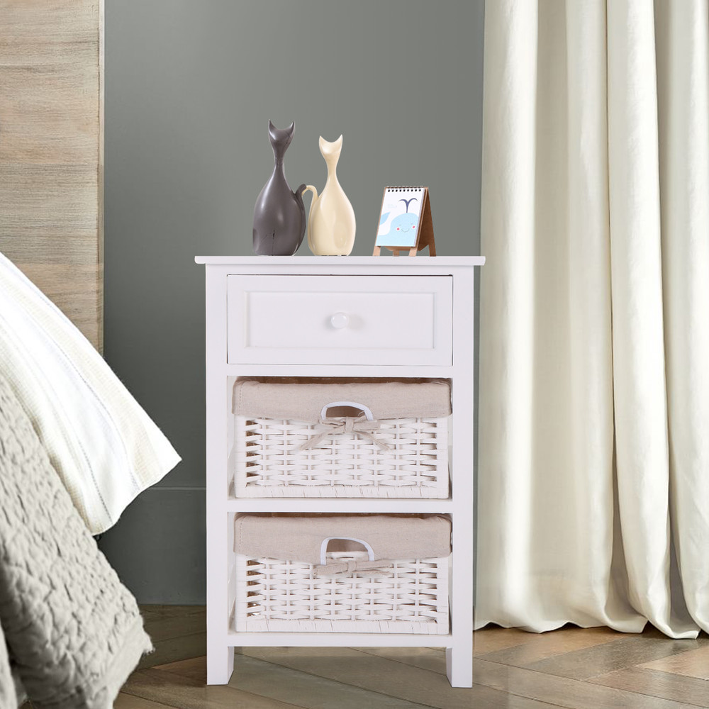 Bedside Table Modern End Table Tall Legs One Drawer Nightstand Baskets Storage