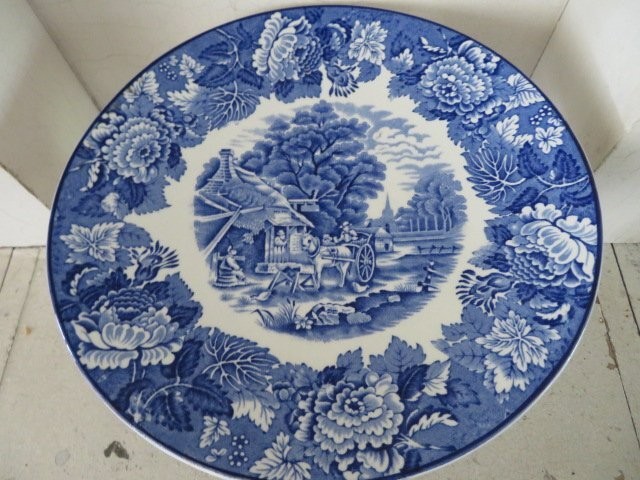 Old Vintage BLUE TRANSFERWARE Pedestal CAKE STAND Serving Dish Footed Compote