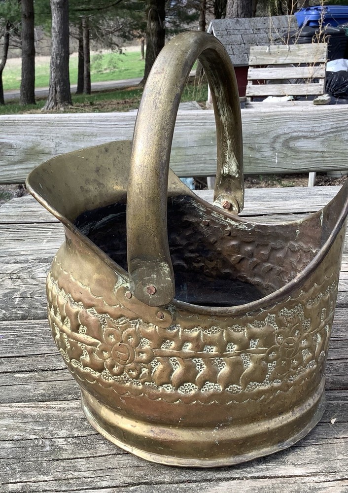 Vintage Hammered Brass Coal Scuttle Coal Bucket With Movable Handle