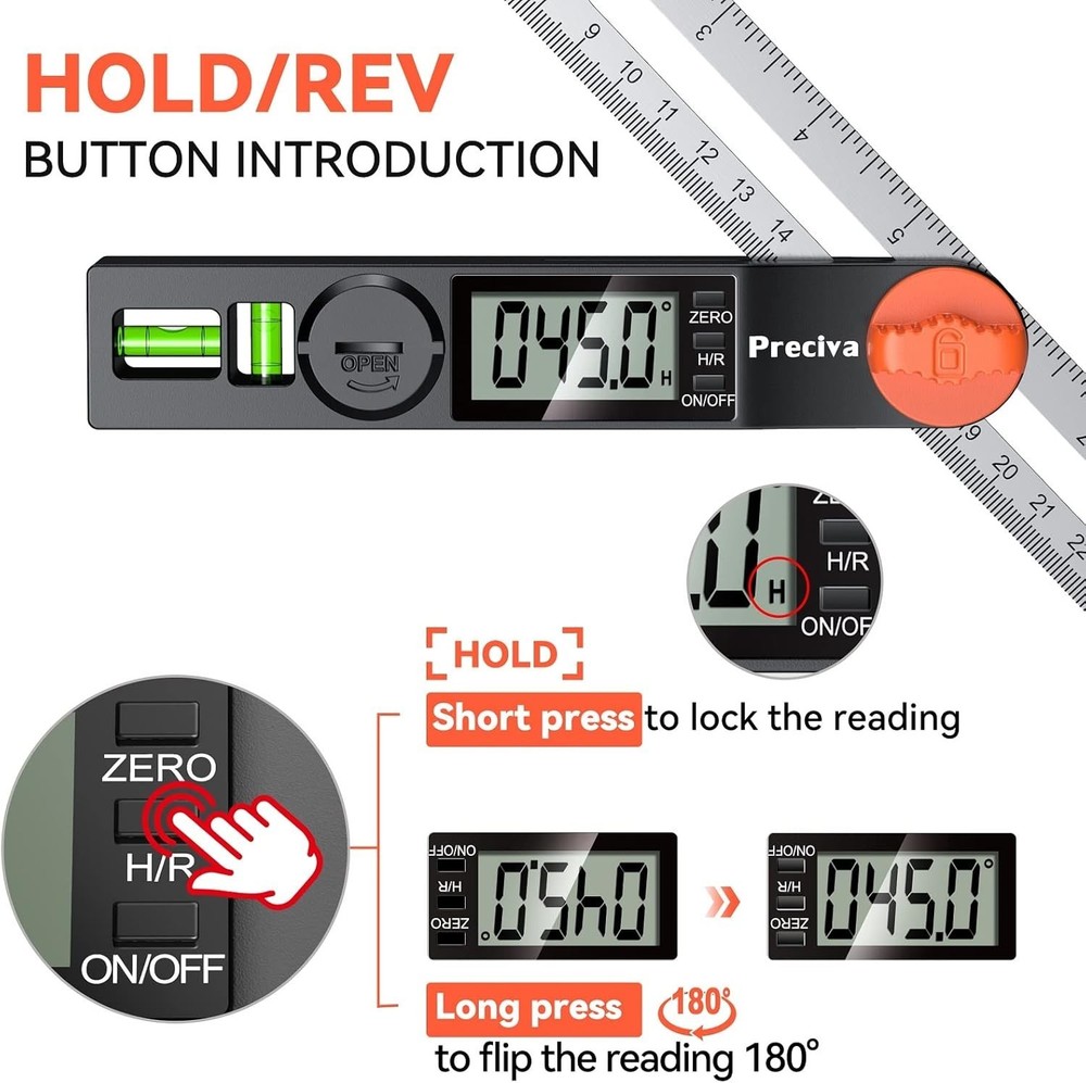 Versatile Digital Angle Finder with LCD & Bubbles, 8 Inch Precision Protractor