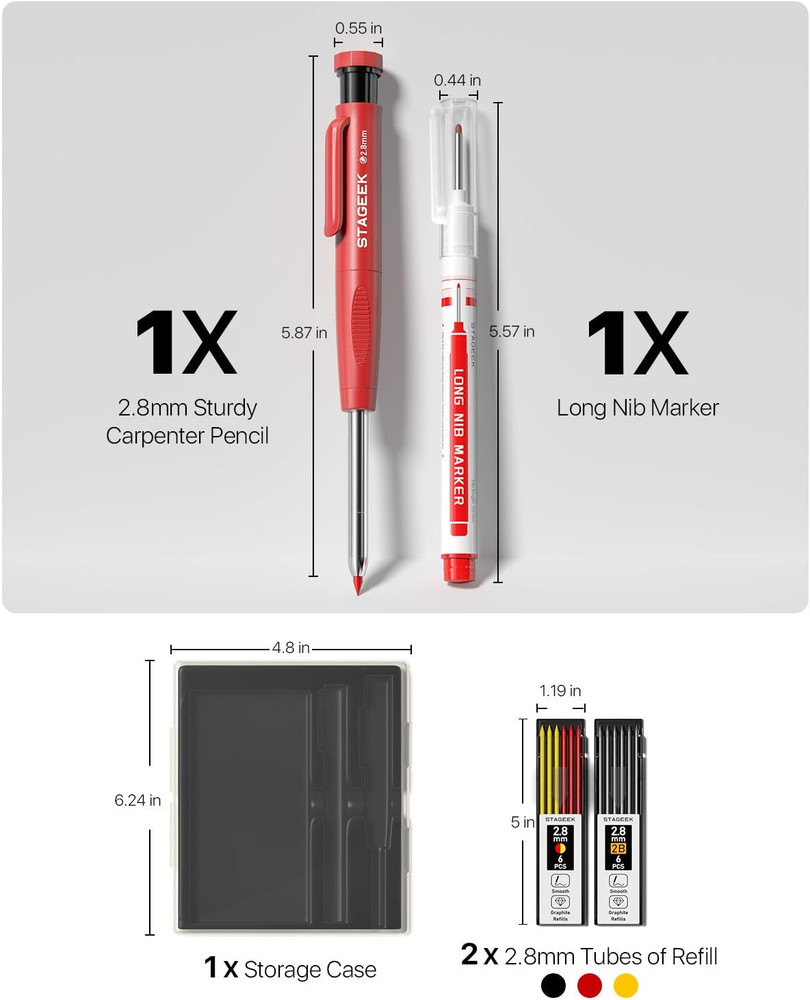 Carpenter Pencils Set with Sharpener, Heavy Duty Woodworking Tools with 13 Refil