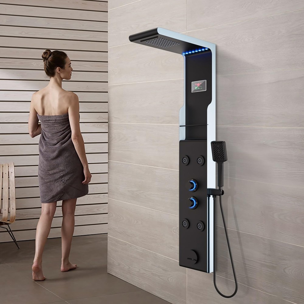 ELLO&ALLO LED Shower Panel Tower System with Shelf, Rainfall Black&Silver