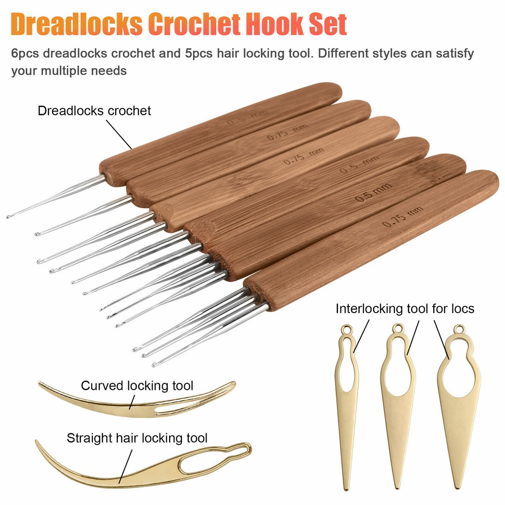 11Pcs Bamboo Handle Crochet Dreadlock Hook Needle Tool Braiding Hair Making Tool
