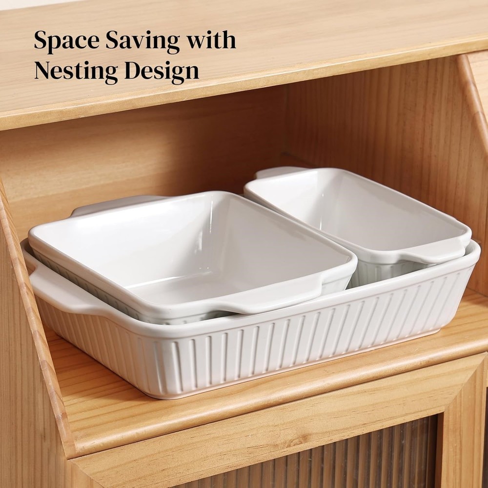 Set of 3 Nesting Ceramic Rectangular Deep Baking Dishes w/ Handles Soft White