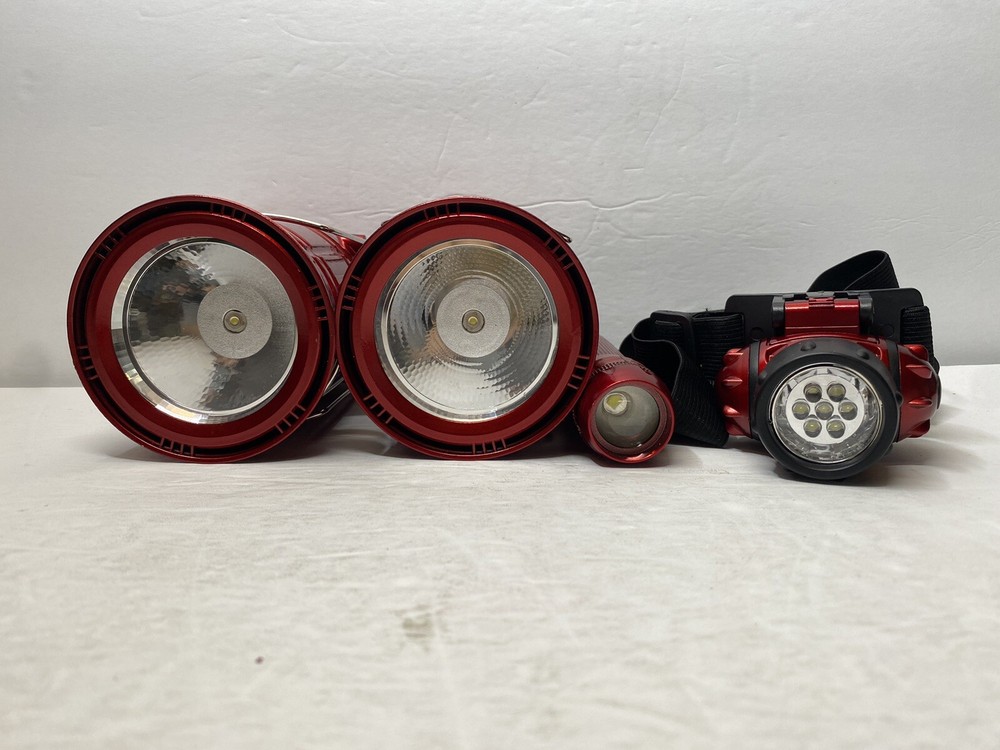 Smart Home 4 Piece Emergency Lanterns, Flashlight & Headlamp Set • Red