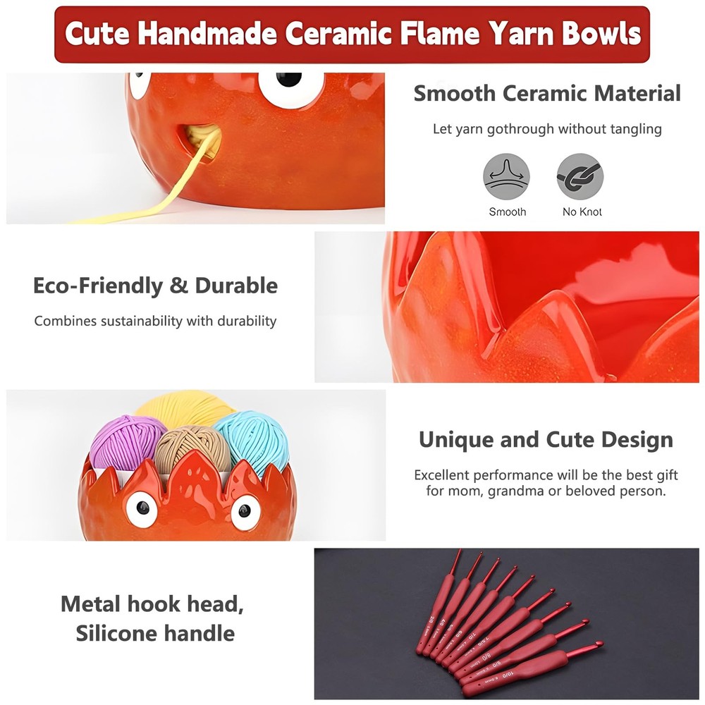 Flame Yarn Bowl with 9 Size Crochet Hooks