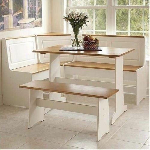 3 pc White Wood Top Breakfast Nook Dining Set Corner Booth Bench Kitchen Table