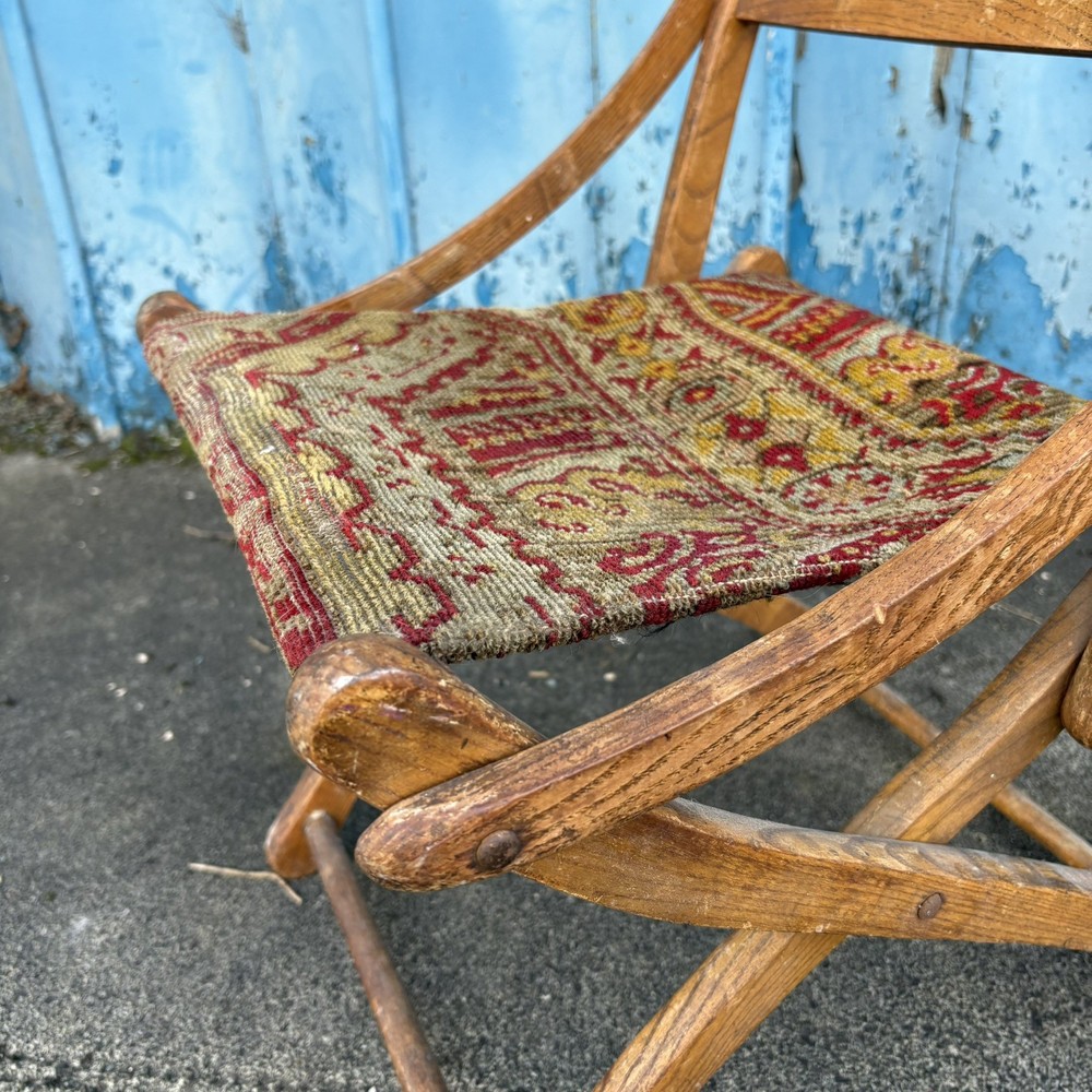 Antique Vintage Rustic Folding Campaign Chair Carpet Upholstered Decorative
