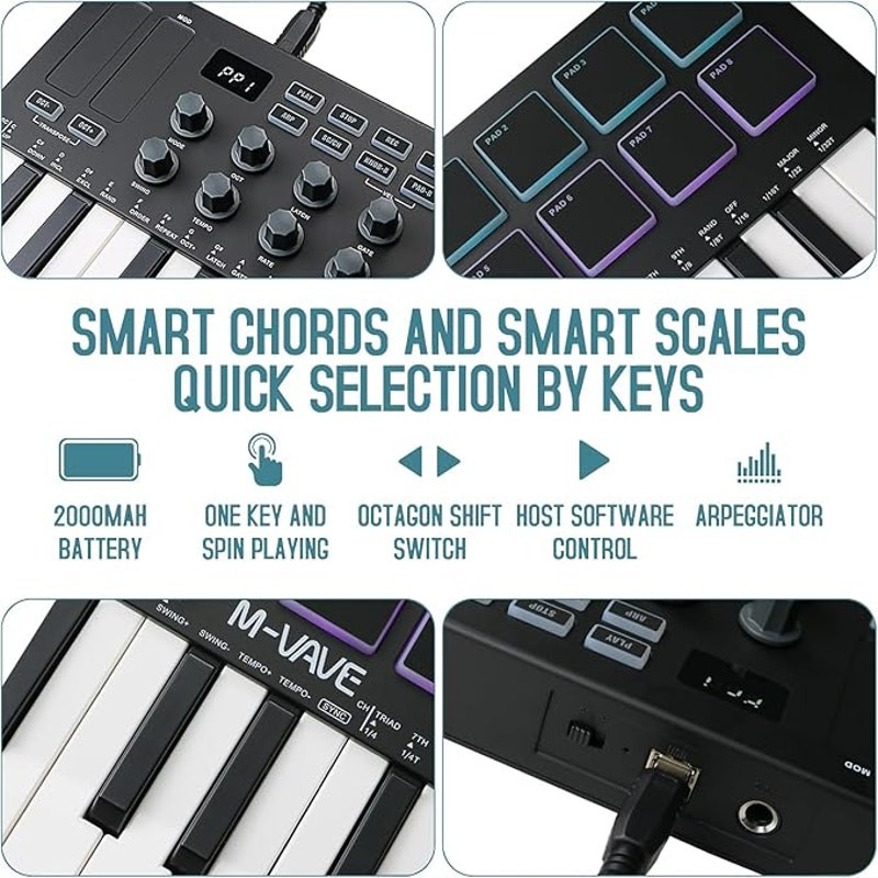 M-VAVE 25 Key USB MIDI Keyboard Controller W 8 Backlit Drum Pads Wireless