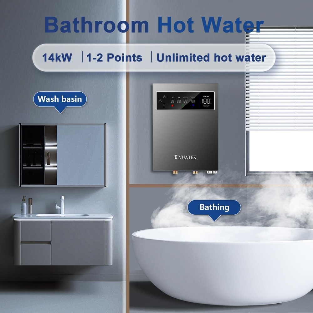 14kW Tankless Water Heater 240V On Demand LED 2 Point Use Compact