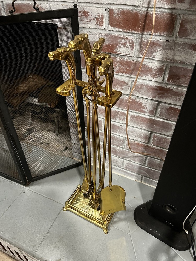 Vintage Five-Piece Solid Brass Horse Head Fire Tool Set Equestrian Art Deco