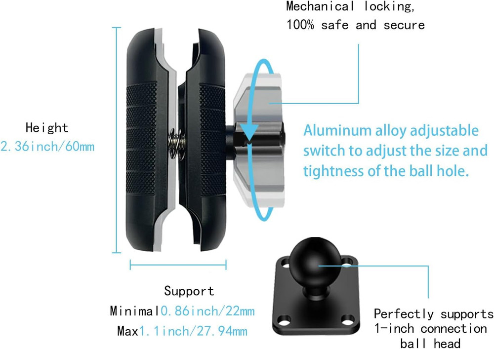 Double Socket Arm Compatible with RAM Mounts B Size 1" Ball Components for Bike/