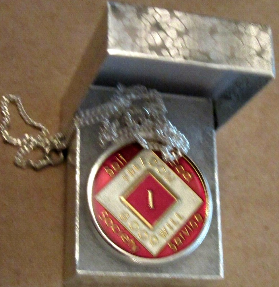 Narcotics Anonymous Red White 1 year NA Medallion. Sterling Silver Bezel & 18"