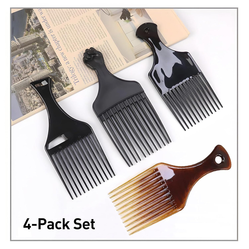 4-Pack Plastic Wide-Tooth Afro Lift Combs for Styling, Detangling, Adding Volume