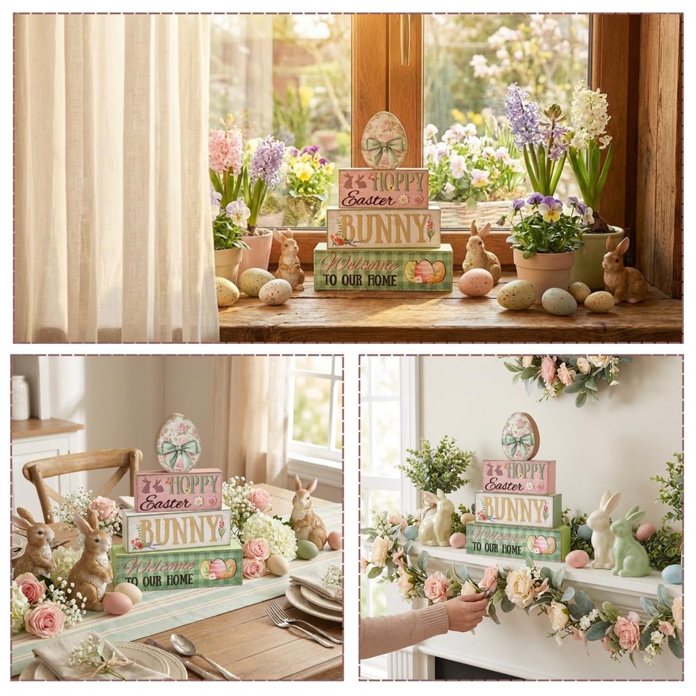 Easter Decorations, 4Pcs Wooden Easter Table Decorations, Easter Egg Tiered Tray