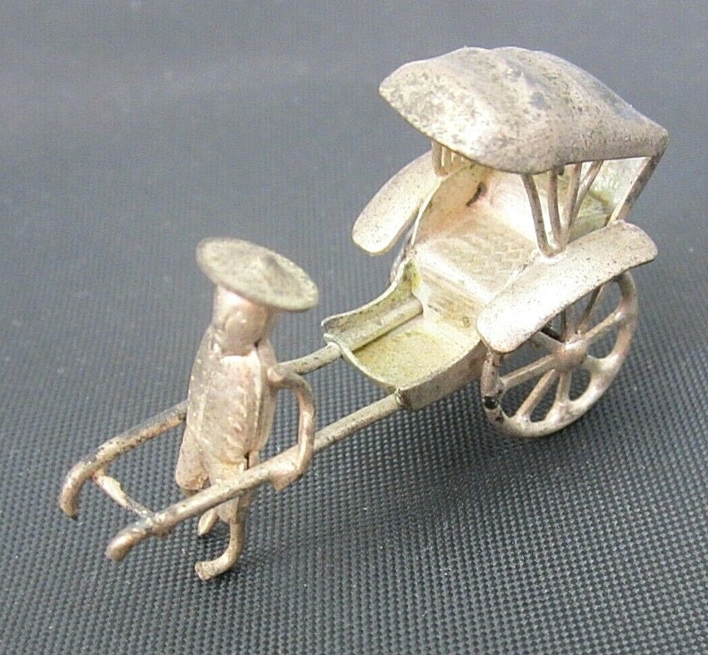 Antique Silver Plated Small Oriental Man Pulls Cart Wheels Move Rickshaw