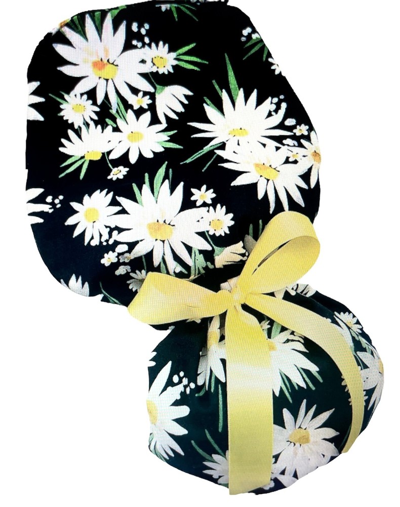 Ponytail Scrub cap, large white daisies working cap with tie backs Size fits all