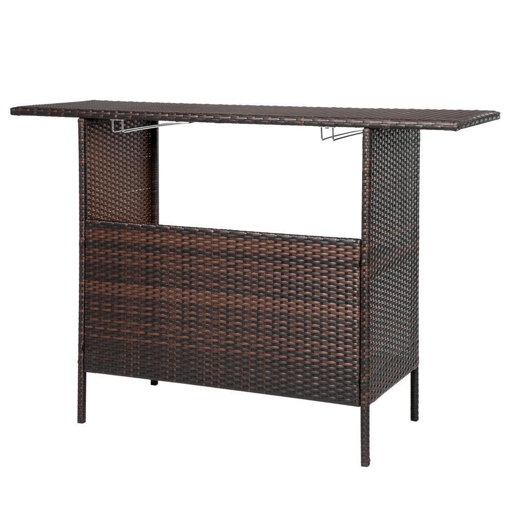 Rattan Wicker Bar Counter Table Patio Dining Table Double Layer Storage Brown