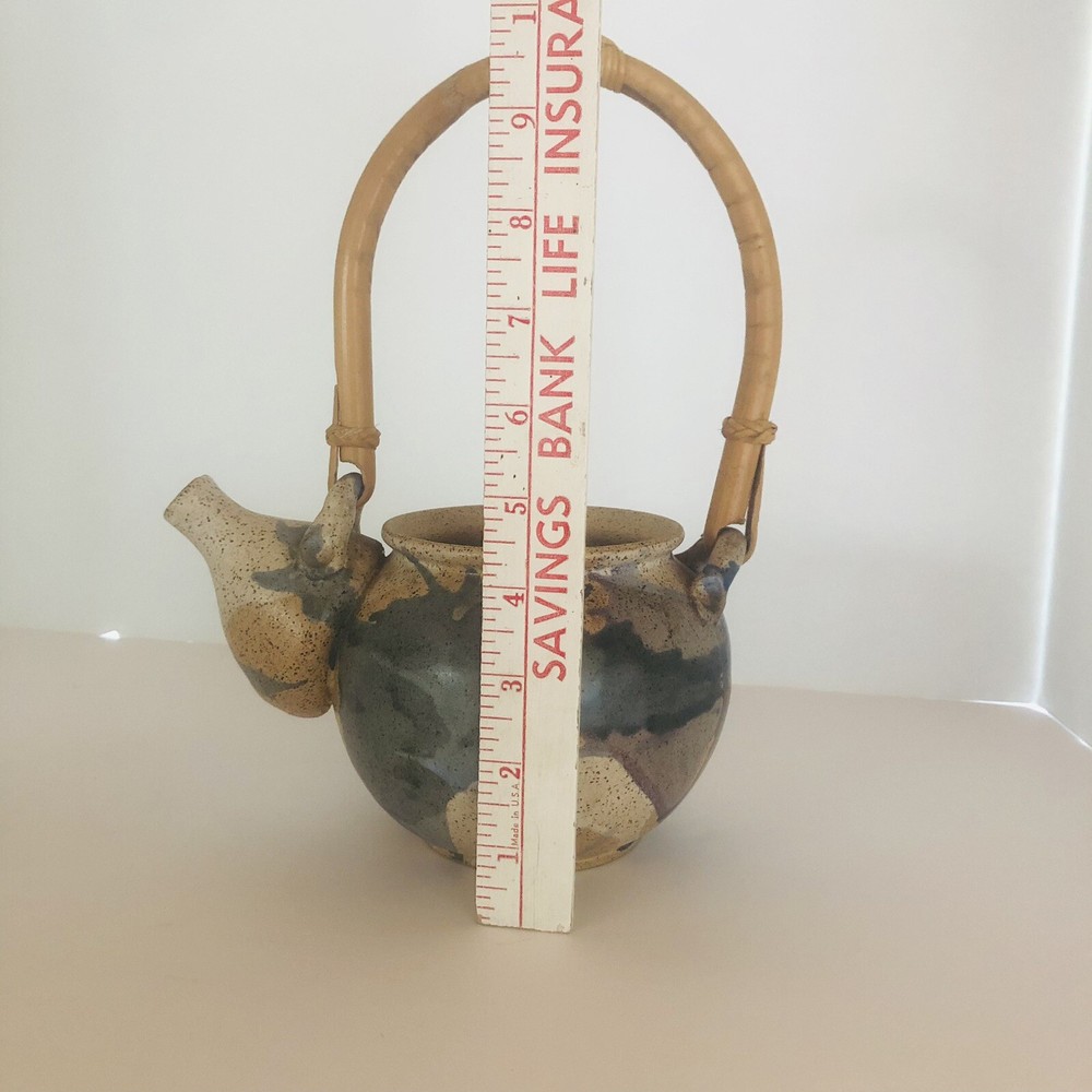 Studio Art Pottery Stoneware Teapot Bamboo Handle & Cup Speckled Glaze Signed