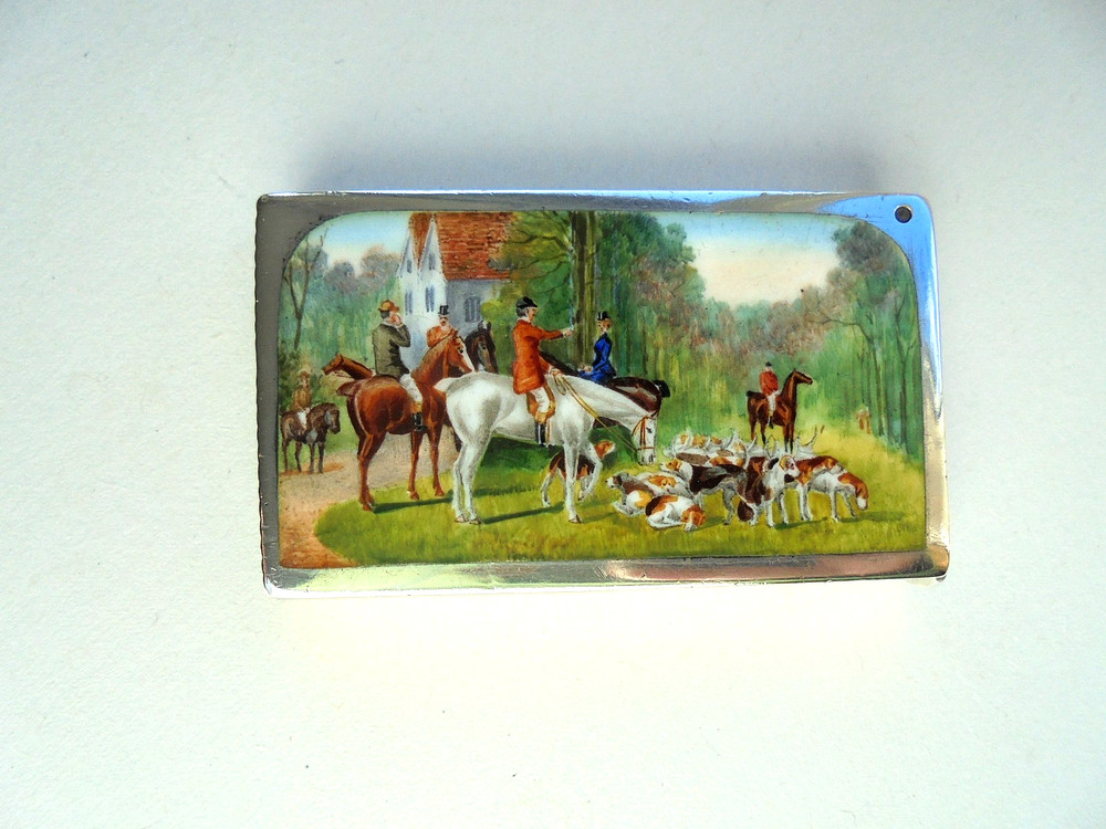 Silver & Enamel Vesta Case Fox Hunting Scene 1899