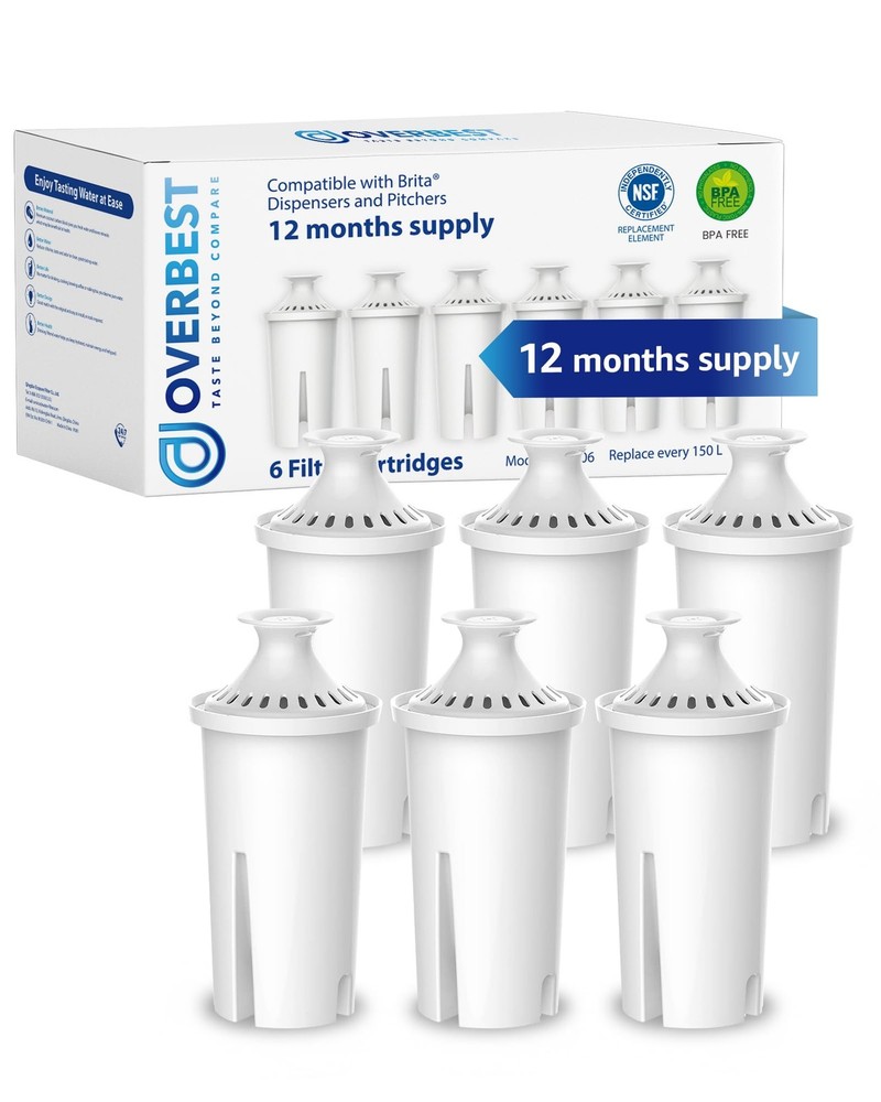 Overbest NSF Certified Pitcher Water Filter, Replacement for 6 Count, White