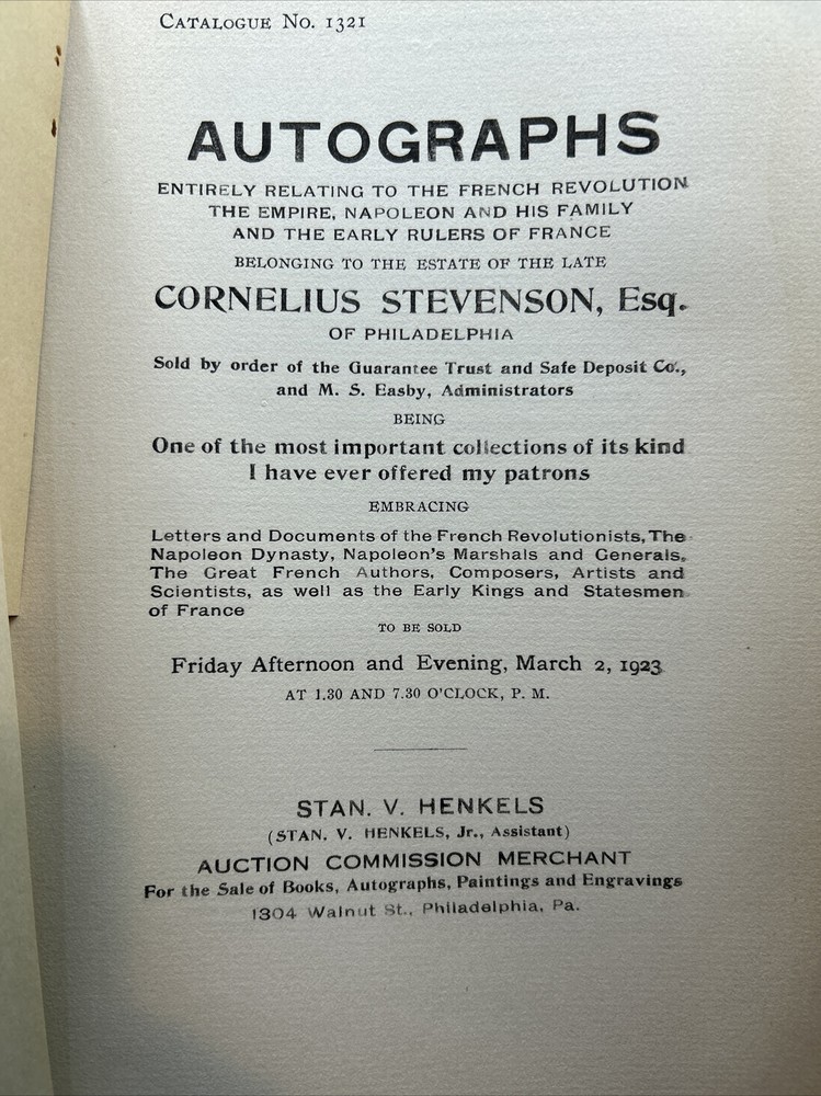 Henkels Catalog: Cornelius Stevenson Collection- March 2, 1923