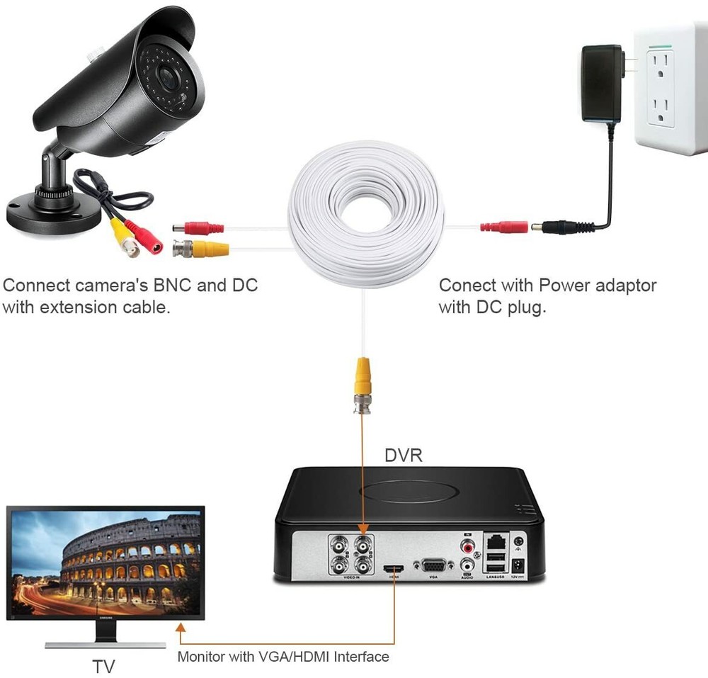 CCTV Cable Plug & Play Security Camera Wire BNC Power Video Audio 10FT - 100FT