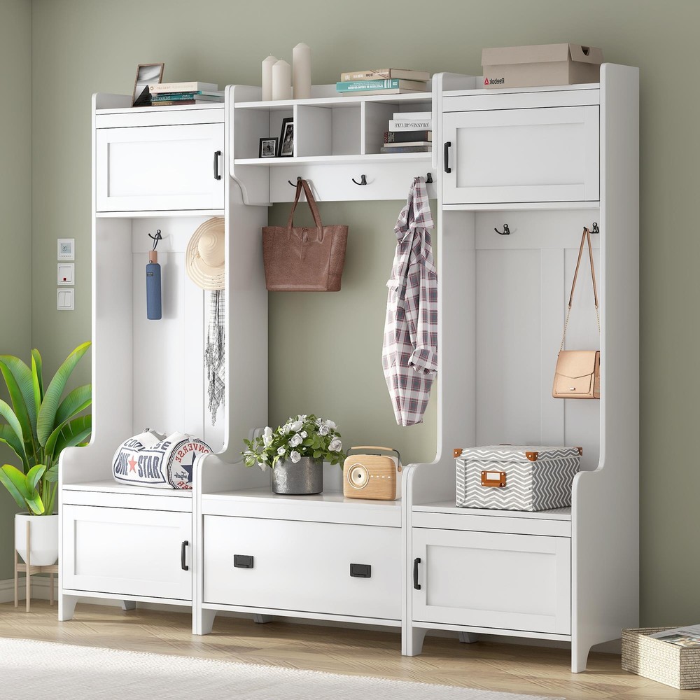 4-in-1 Multiple Functions Entryway Bench Hall Tree with Ample Storage Drawer