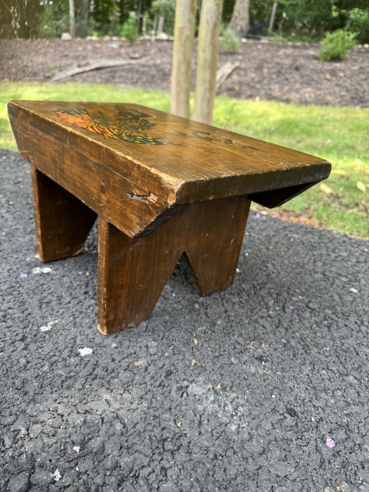 Vintage Solid Wood Rustic Farm House Foot Stool with American Eagle