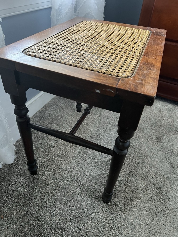 Solid Walnut Vanity Bench Piano Stool Cane Bottom Turned Legs Antique Or Vintage