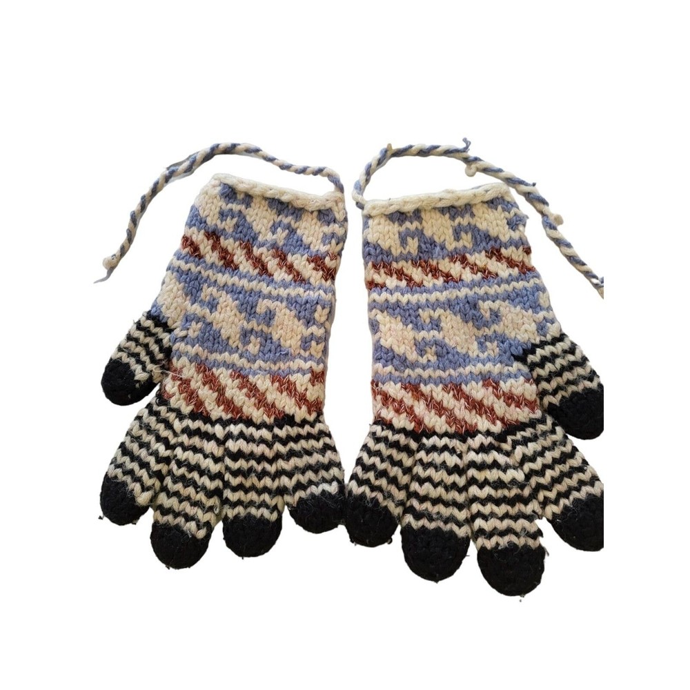 Gloves hand made wool Blue, Rust and Black Sz Med/Lg Geometric pattern 0741