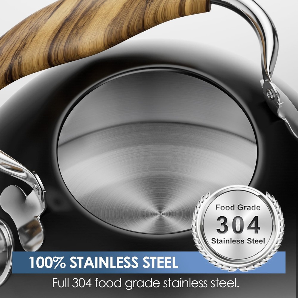 Whistling Tea Kettle 2.6 Quart with Cool Wood Pattern Handle Black Color