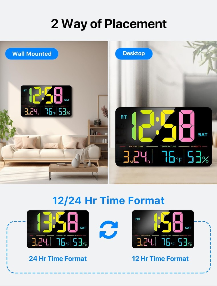 MASHI Digital Clock, 13" Large Display Digital Wall Clock, Adjustable Brightn...