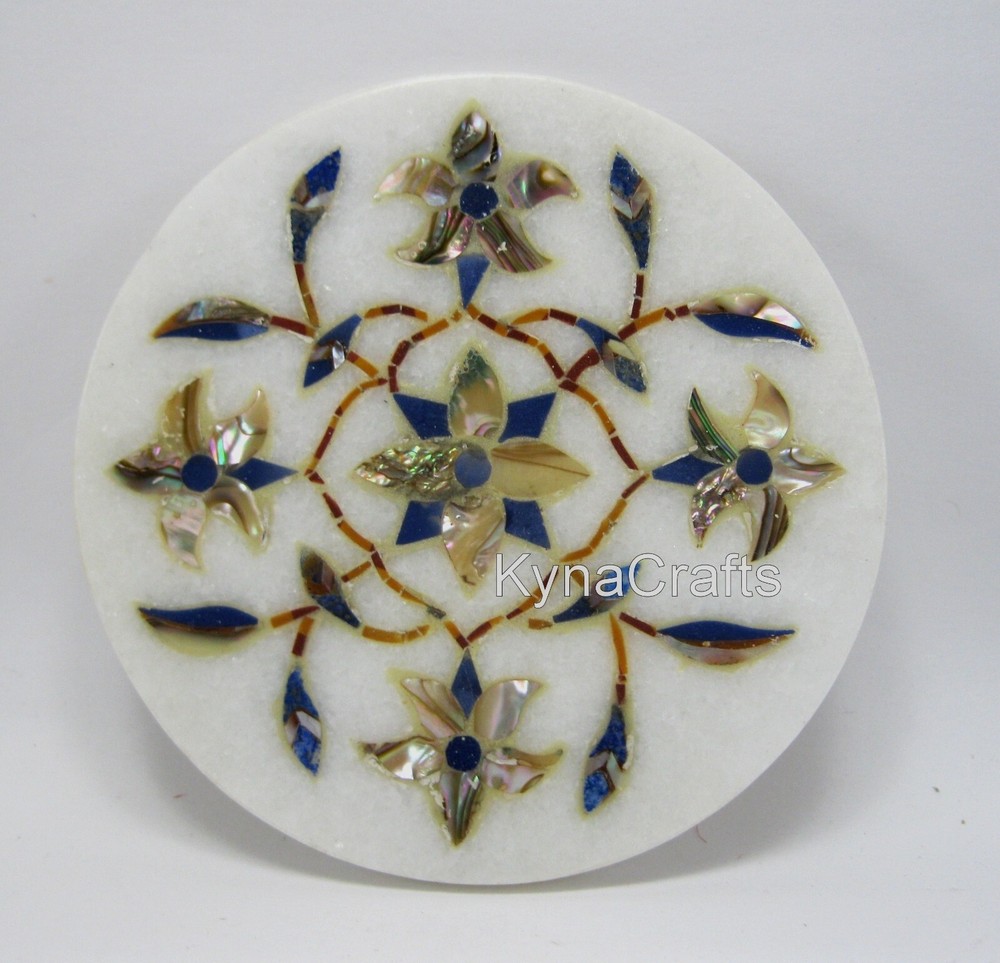 4.5 Inches White Marble Giftable Coaster Set Gemstone Inlay Work Tea Coaster Set
