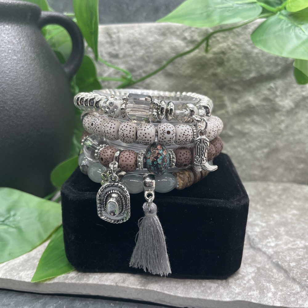 4 PC Handmade Beaded Stackable 6.50" Plus Stretch Bracelet Set Western New A1131