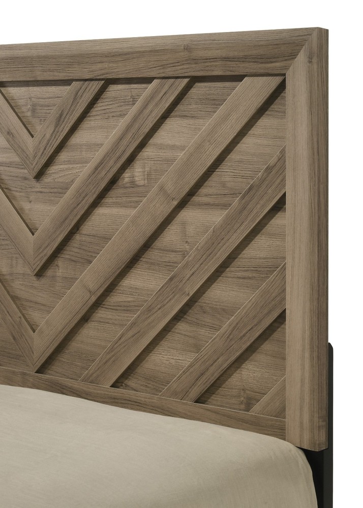 3pc Light Brown King Chevron-pattern Panel Bed Chest Nightstand Bedroom Set