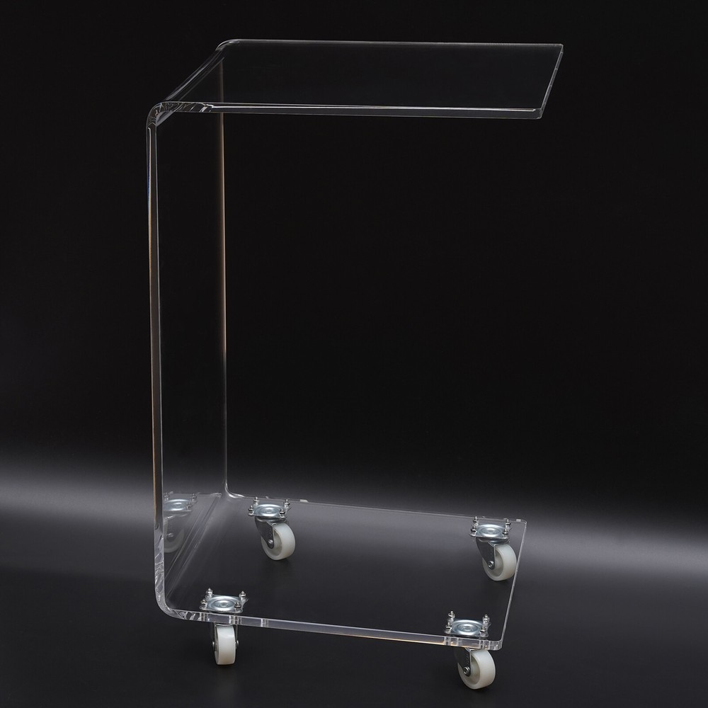 Clear Acrylic Sofa Side Table Transparent C Shaped End Table with Rollers
