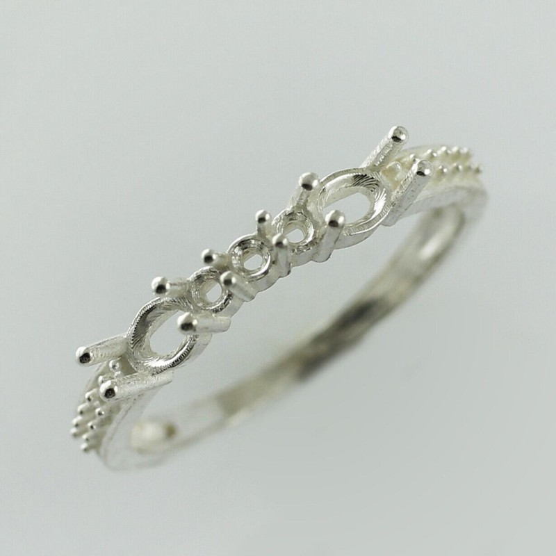 925 Sterling Silver 2mm Round Semi Mount Three-Stone Ring For Wedding Ring